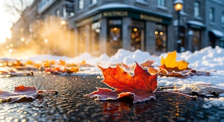 A crisp morning in Montreal as snow melts around fallen autumn leaves, Capturing the fleeting beauty of autumn and winter in Montreal with frosty maple leaves