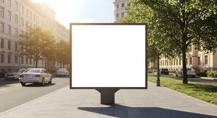 Fototapeta premium Blank outdoor billboard mockup on a sunny city street, perfect for advertising or branding design presentations. Ideal for showcasing marketing campaigns or poster templates.