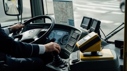 Professional bus driver in uniform navigating a public transport vehicle, with hands on the steering wheel and gear stick