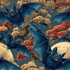 Colorful Bat Illustration on Dark Background with Full Moon and Trees , seamless pattern 