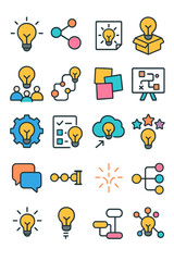 Fototapeta premium Brainstorming and ideas Lightbulb icon, mind map, idea sketch, creative box, team brainstorming, solution path, sticky notes, whiteboard plan,