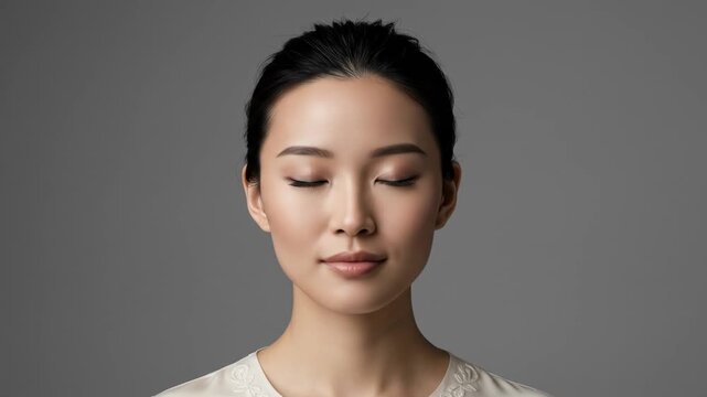 Woman with eyes closed against gray background