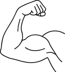 Line drawing illustration of a flexed bicep muscle showing strength and fitness isolated on white background