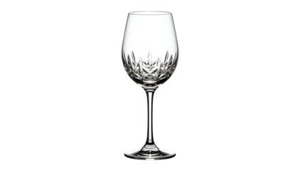 Faceted wine glass on black background, light refracted