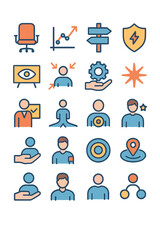 Leadership and influence Leadership chair, influence graph, direction arrow, power badge, vision board, leader icon, responsibility gear,