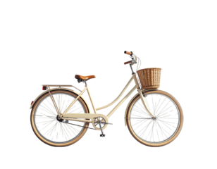 Beige City Bicycle Side View with Basket, Isolated on White Background