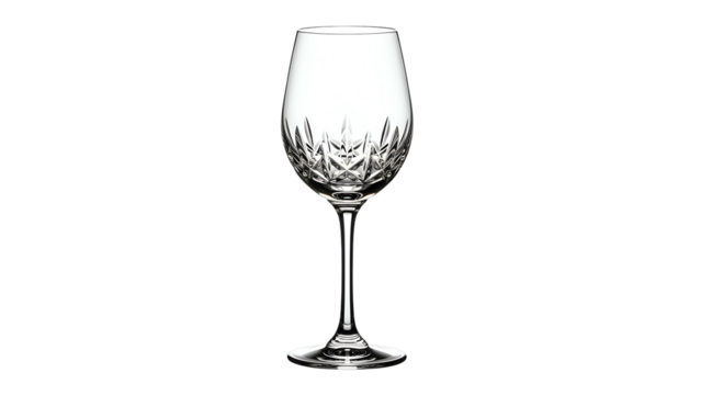 Faceted wine glass on black background, light refracted