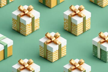 Rendered arrangement of gift boxes with golden bows on a pastel green background