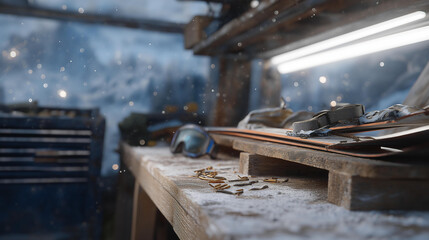 Obraz premium In a cluttered garage, skis and goggles rest on a wooden rack, the skis' bases waxed and smooth, their bindings rusted at the screws, and the goggles' frame cracked from impact, strap elastic
