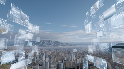 Immersive virtual reality landscape with floating holographic menus, interactive portals, and glowing pathways, symbolizing futuristic digital worlds, immersive technology, and user-controlled