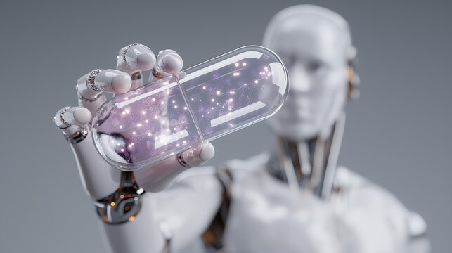 Futuristic humanoid displaying transparent capsule filled with holographic patterns, representing generative future, robotics exploration, and the merging of artificial systems with creation.