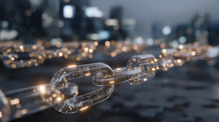 Futuristic blockchain grid rendered in 3D with glowing cryptocurrency nodes connected by transparent chains, digital analytics floating above, symbolizing financial technology, secure trading, and