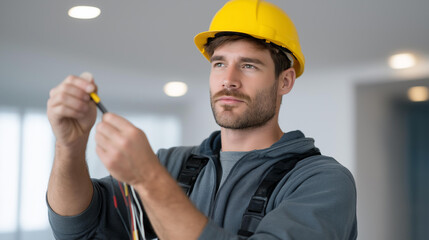 Technician adjusts ceiling fan wiring system using insulated screwdriver and safety equipment, highlighting safe indoor electricity repair, professional installation expertise, and careful handling