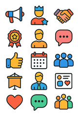 Advertising Icons megaphone, ambassador person, handshake, speech bubble, star badge, influencer person, calendar, audience, thumbs up, banner,