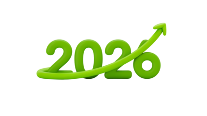 The year 2026 is represented in green with an arrow pointing upwards, isolated on transparent background, indicating positive growth