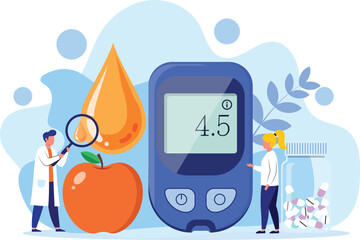Vector art of diabetes testing with glucometer, apple, and doctor