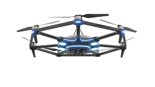 Black drone with blue lights hovering against a dark background
