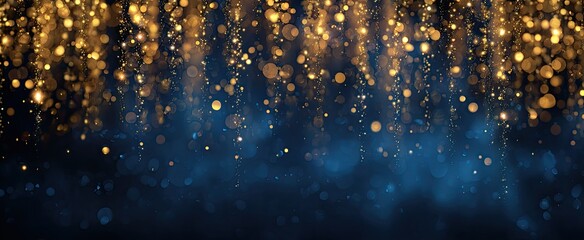 A dark background with golden bokeh lights falling from the top and floating downwards