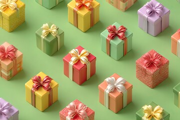 Assortment of colorful gift boxes with bows, arranged on a bright green surface