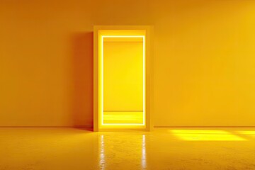 A minimalist interior with a rectangular doorway glowing yellow in an otherwise solid-colored room