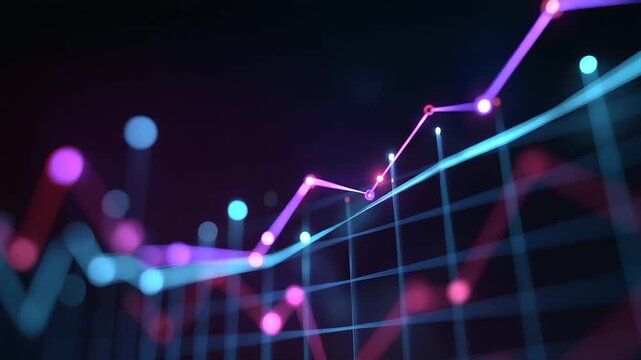 A digital visualization platform glows with 3D rendered charts of market analytics graphs spiraling upward while nodes flash in neon light. Atmosphere of insight clarity and fut