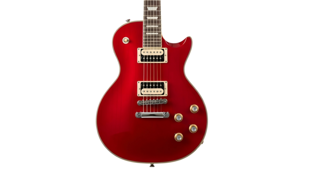 Gleaming red electric guitar with gold hardware and a dark background