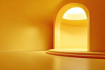 Interior view of a yellow, curved room with an arched doorway leading to bright light