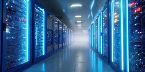 A bright hallway in a high-tech data center features rows of server racks lined with glowing blue lights. The scene conveys an advanced technological environment.