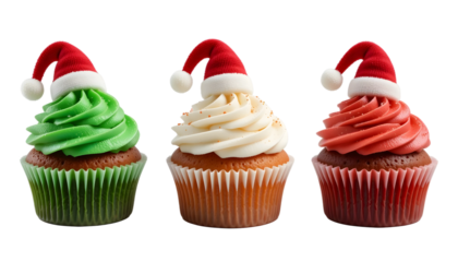 Christmas Cupcakes PNG – Transparent Background Three Festive Cupcakes with Santa Hats & Red, White, Green Frosting
