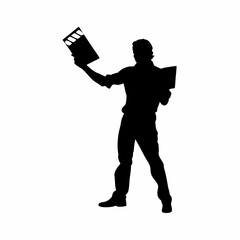 Silhouette of an actor practicing lines with a script in hand isolated on white background