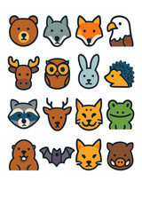 Wild Animals bear, wolf, fox, eagle, moose, owl, rabbit, hedgehog, raccoon, deer, lynx, frog, beaver, bat, wildcat, boar. [4 rows of 4 icons, PNG
