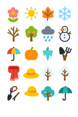 Seasonal Nature spring flower, summer sun, autumn leaf, winter snowflake, bare tree, blooming tree, rain cloud, snowman, beach umbrella, pumpkin,