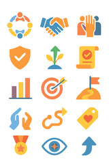 Teamwork Values teamwork circle, handshake trust, respect hands, diversity icon, ethical shield, growth arrow, mission scroll, milestone flag, bar