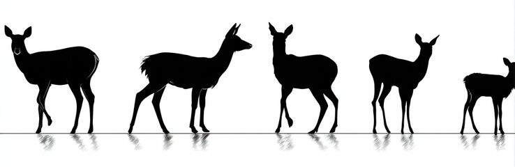 Silhouette of five deer in various stances, walking across a white background with their reflections