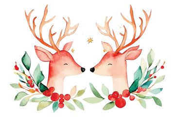 Cute deer Christmas card hand drawn Watercolor reindeer animal illustration with fir tree branches and New Year decoration