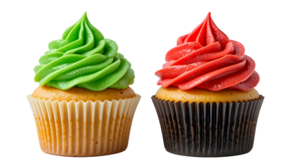 Christmas Cupcake Duo PNG – Transparent Background Red & Green Frosted Vanilla Cakes in Paper Liners
