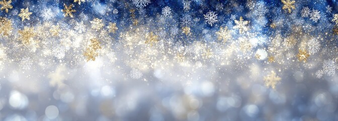 A winter-themed background. Beautiful falling snowflakes with a gradient of blue and gold
