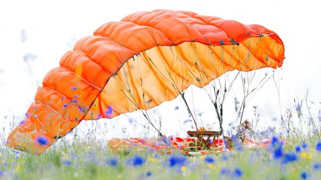 A bright orange parachute resting on a vibrant green grassy field, perfect for outdoor and adventure-themed images