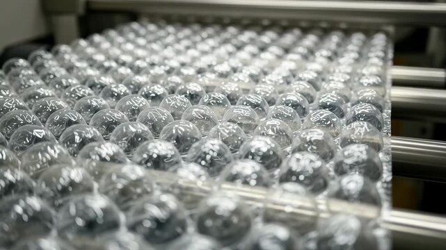 Uniform inflation of bubble wrap sheets on an industrial machine highlights glossy bubble texture in soft light.