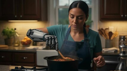 Latina woman uses bionic arm prosthesis to cook in warm kitchen while preparing delicious meal