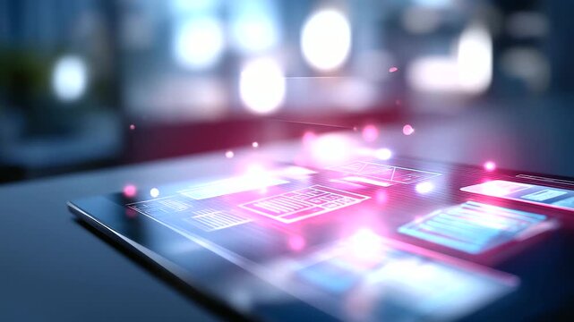 A futuristic holographic screen glows with UXUI design elements app wireframes floating in mid air. Interactive icons pulse as developers shape layouts dynamically. Atmosphere