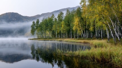 Misty birch forest by tranquil lake. AI image