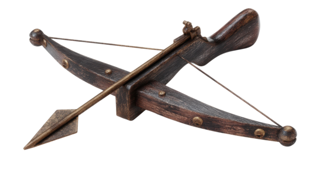 Vintage wooden crossbow with a detailed arrow, showcasing traditional craftsmanship and historical design, perfect for antique weapon enthusiasts.
