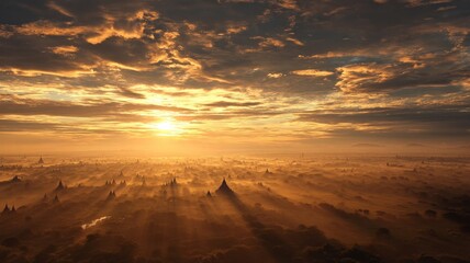 Golden sunrise over misty valley. AI image