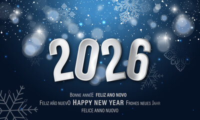 Happy New Year 2026. Abstract winter background with glitter, snowflakes and snow.