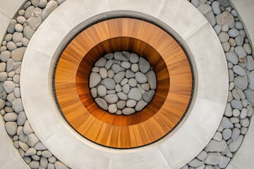 Fototapeta premium Circular wooden bench encircled by light gray concrete and river stones creates a serene, contemplative space.