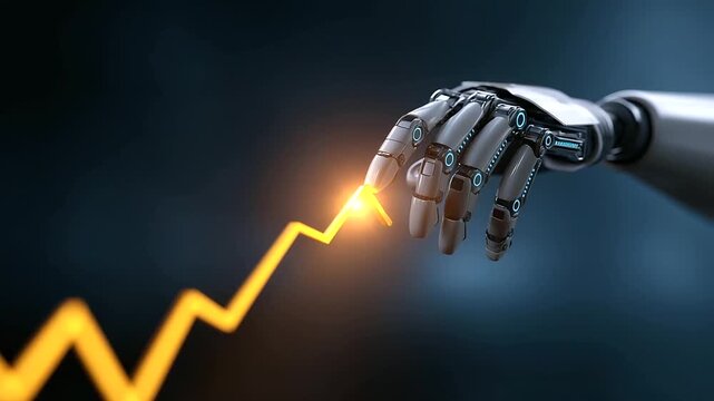A futuristic robotics dashboard pulses with glowing 3D stock prediction visuals robotic precision guiding financial lines upward. Atmosphere of trust strength and AI innovation