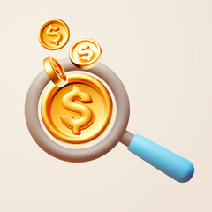 Money Search. 3D cartoon concept with dollar Coins and Magnifying Glass