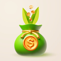 Financial growth and investment profit. Money luck. Money bag with coins and leaves