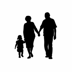 Silhouette of a family walking hand in hand isolated on white background